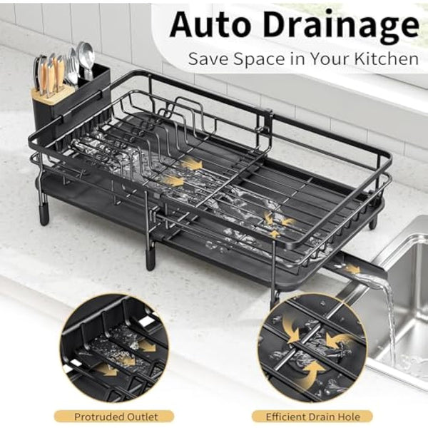 KINGRACK Expandable Dish Drainer Rack,Adjustable Dish Rack,Foldable Dish Drying Rack with Removable Cutlery Holder Swivel Drainage Spout,Anti-Rust Plate Rack for Kitchen 1 Piece