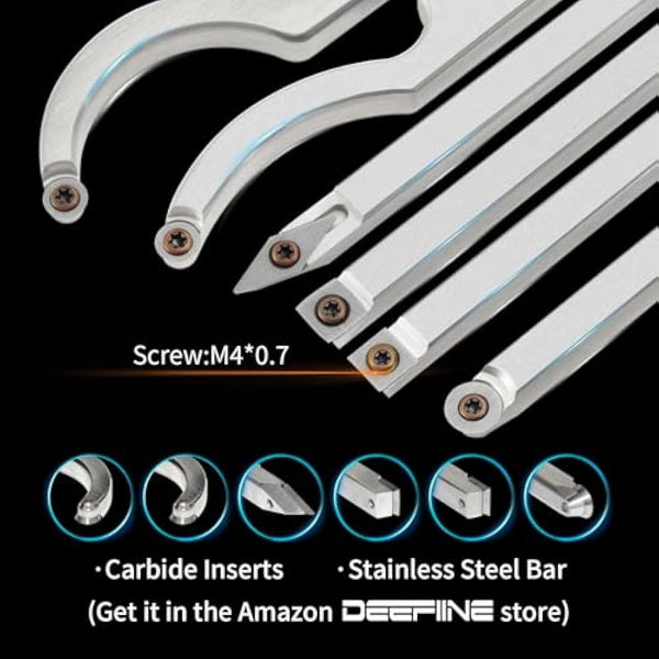 DEEFIINE Carbide Tipped Wood Lathe Turning Tools Set, Lathe Rougher Finisher Swan Neck Hollowing Tools and Interchangeable Soft Grip Handle with Diamond Round Square Carbide Inserts