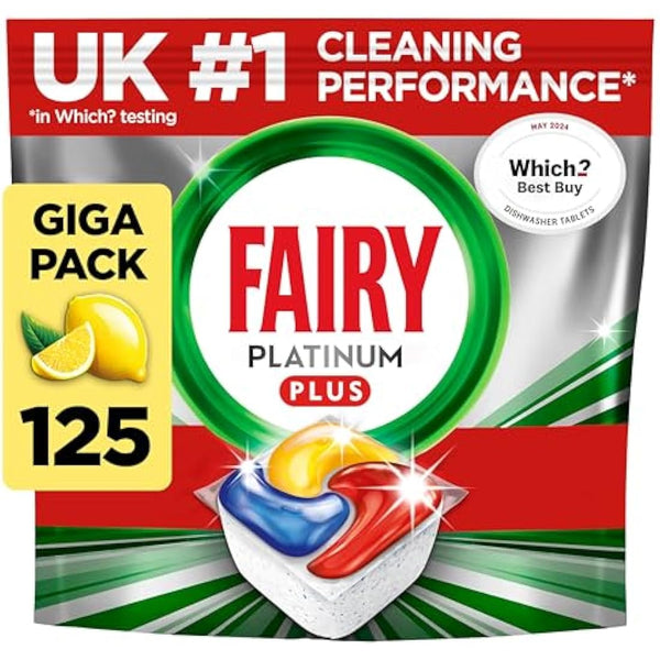Fairy Platinum Plus All-in-1 Dishwasher Tablets, 125 Pack, Lemon. With anti-dull tech & rinse aid action for a deep clean. Effective in short cycles for sparkling dishes.