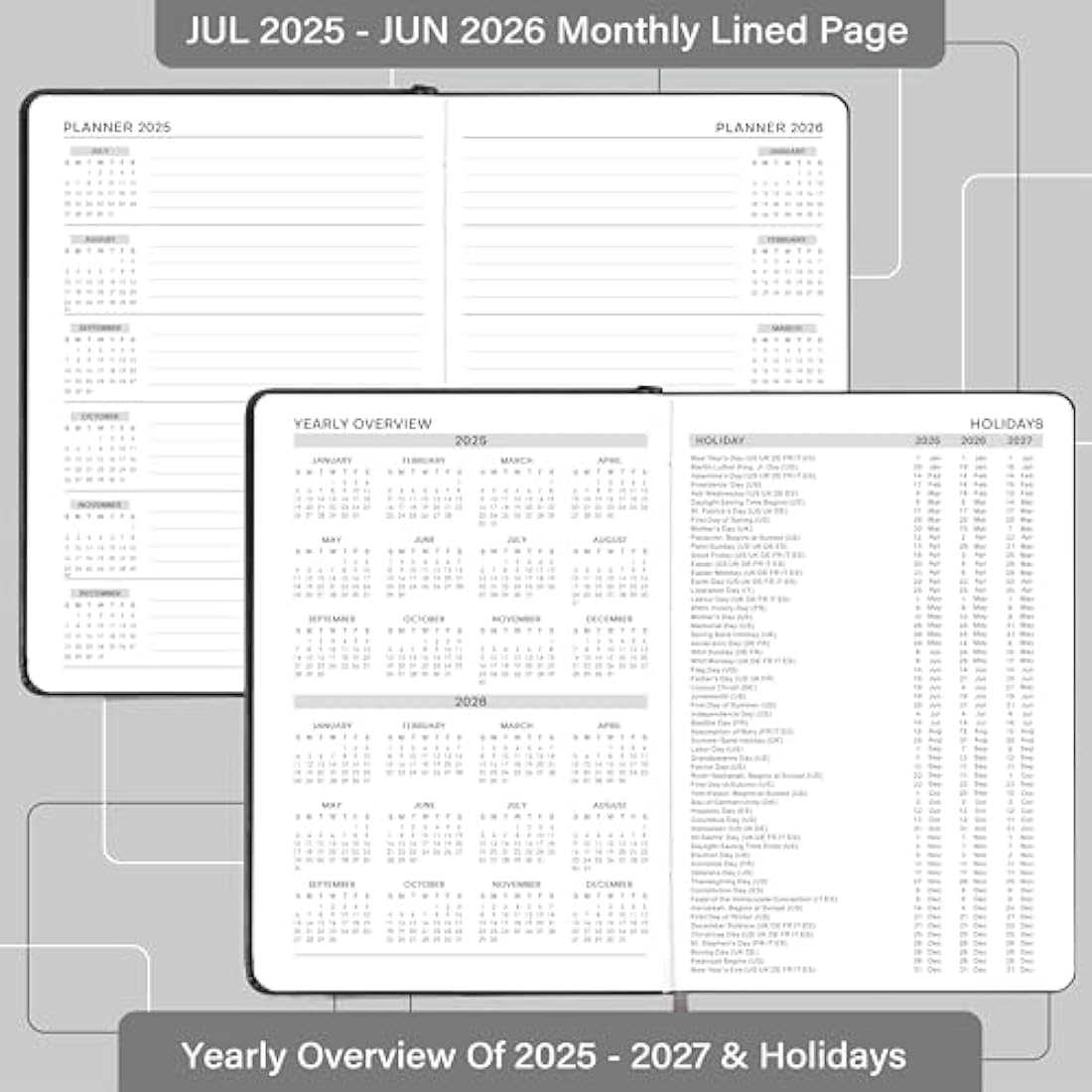 Acadmeic Diary 2025-2026 - Diary 2025-2026 Page a Day with Monthly Tabs, A5 Daily planner, From July 2025 to June 2026, Faux Leather Cover, Black