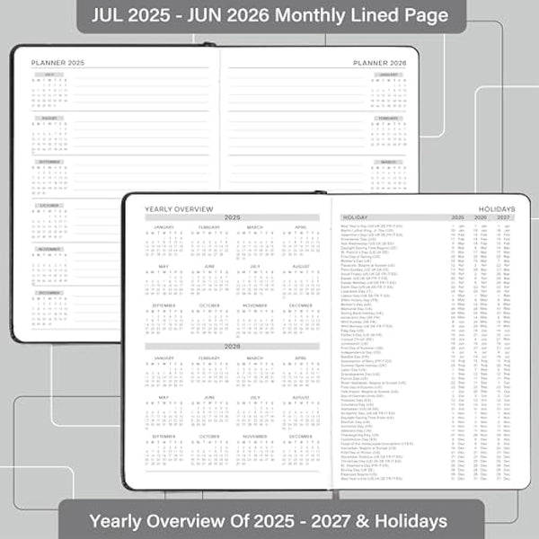 Acadmeic Diary 2025-2026 - Diary 2025-2026 Page a Day with Monthly Tabs, A5 Daily planner, From July 2025 to June 2026, Faux Leather Cover, Black