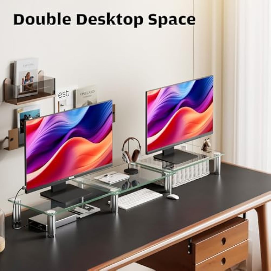 Hemudu Dual Monitor Stand - Adjustable Length and Angle Dual Monitor Riser, Computer Monitor Stand, Desktop Organizer, Monitor Riser for PC, Computer, Laptop (Clear)
