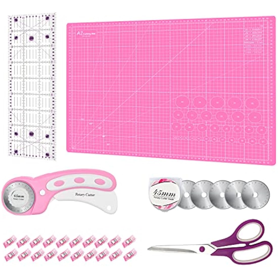 Rotary Cutter Set Pink - Quilting Kit incl. 45mm Fabric Cutter, 5 Extra Rotary Blades, A2 Self Healing Cutting Mat, Acrylic Ruler and Sewing Clips, Scissors, Ideal for Crafting, Sewing, Patchworking