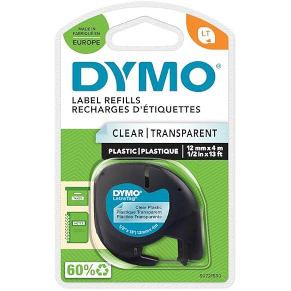 Dymo Letratag Clear Plastic Tape 12mmx4m - Black/Transparent S0721530
