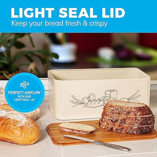 Extra Large Space Saving Vertical Cream Bread Bin with Eco Bamboo Cutting Board Lid - Holds 2 Loaves - White Extra Large Farmhouse Bread Bins for Kitchen Bread Storage Box