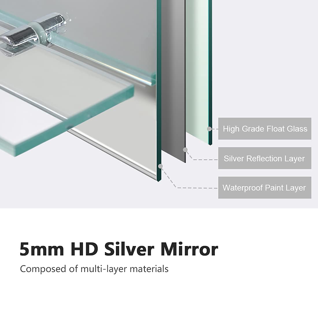 EMKE Frameless Mirror with Shelf - Small Bathroom Wall Shaving Mirror with Storage, Rectangle Vanity Mirrors 50x70cm