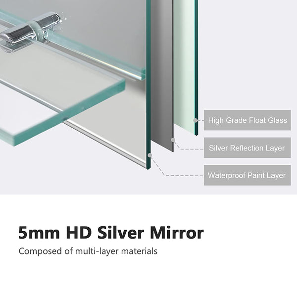 EMKE Frameless Mirror with Shelf - Small Bathroom Wall Shaving Mirror with Storage, Rectangle Vanity Mirrors 80x60cm
