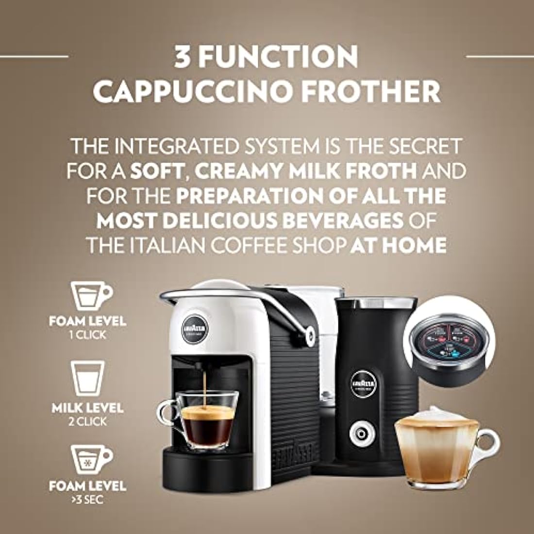 Lavazza, A Modo Mio Jolie & Milk EVO Coffee Machine Made from 33% Recycled Plastic, with Integrated Milk Frother and Removable Grid, Compatible with A Modo Mio Pods, 1250 W, 220–240 V, 50–60 Hz, White