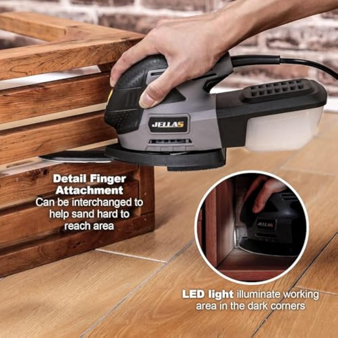 JELLAS Detail Mouse Sander, 220W Compact Sander Machine for Wood, 13,000 RPM Sanders with Dust Collection, 12PCS Standard Sandpapers, 4 Finger Attachment and Sanding Pad Included, JD2442