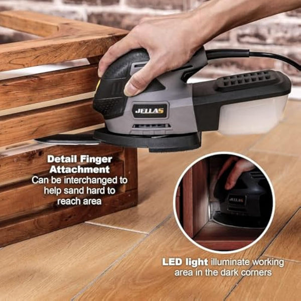 JELLAS Detail Mouse Sander, 220W Compact Sander Machine for Wood, 13,000 RPM Sanders with Dust Collection, 12PCS Standard Sandpapers, 4 Finger Attachment and Sanding Pad Included, JD2442