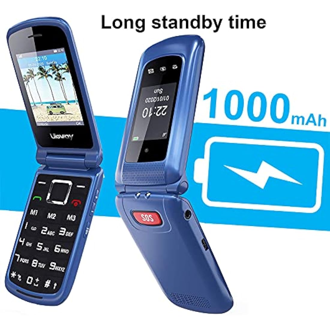 Uleway Big Button Mobile Phone for Elderly, Sim Free Unlocked Senior Flip Phones, Easy to Use Basic Cell Phone with 2.4" LCD Display, SOS Button, Torch, FM Radio, 1000mAh Battery, Charging Dock (Blue)