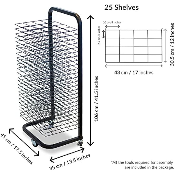 Art Drying Rack For Classroom | Functional & Mobile Paint Drying Rack | 25 Removable Shelves | Canvas Rack Art Storage | Painting Drying Rack With Wheels | Stack Rack For Painting, Drawings, And More
