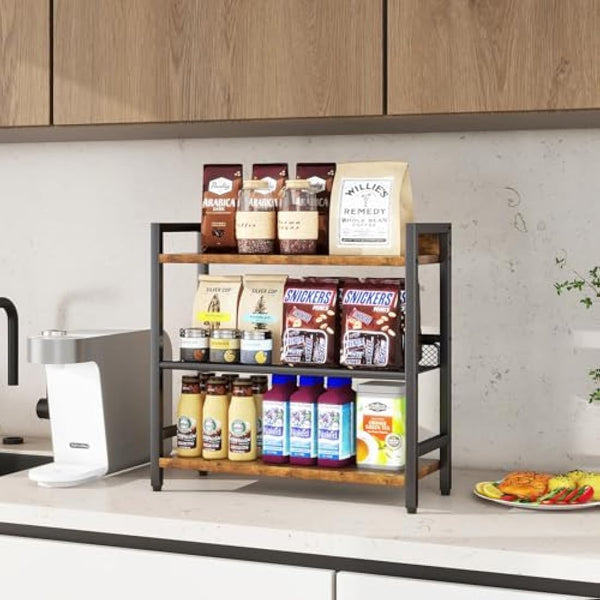 IBUYKE 3-Tier Spice Rack - Industrial Counter Shelf,Desktop Storage Organizer,Standing Seasoning Rack for Countertop Kitchen,Office,Living Room,Rustic Brown TLJ021H
