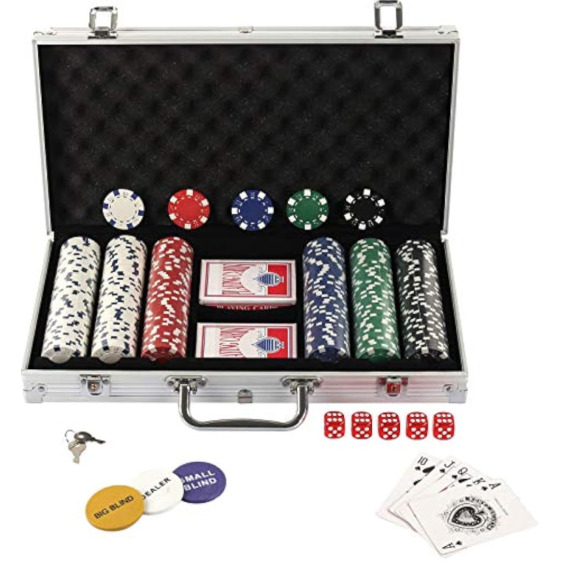 display4top Texas Holdem Poker Chips Set with Aluminum Case,2 Decks of Cards, Dealer, Small Blind, Big Blind Buttons and 5 Dice (300pcs)