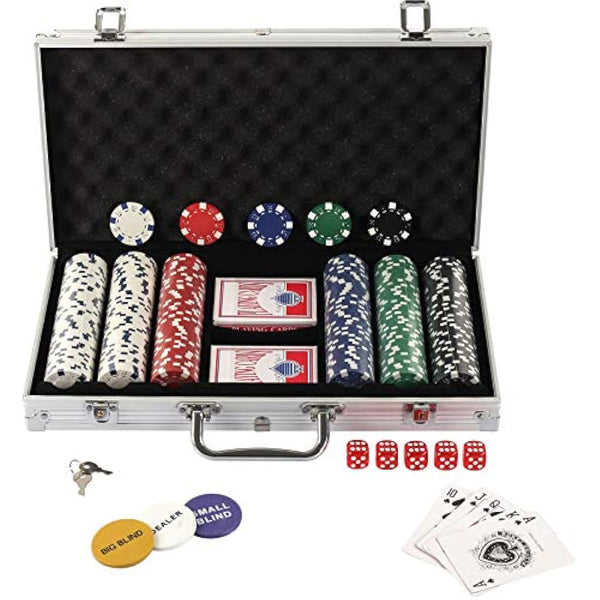 display4top Texas Holdem Poker Chips Set with Aluminum Case,2 Decks of Cards, Dealer, Small Blind, Big Blind Buttons and 5 Dice (300pcs)