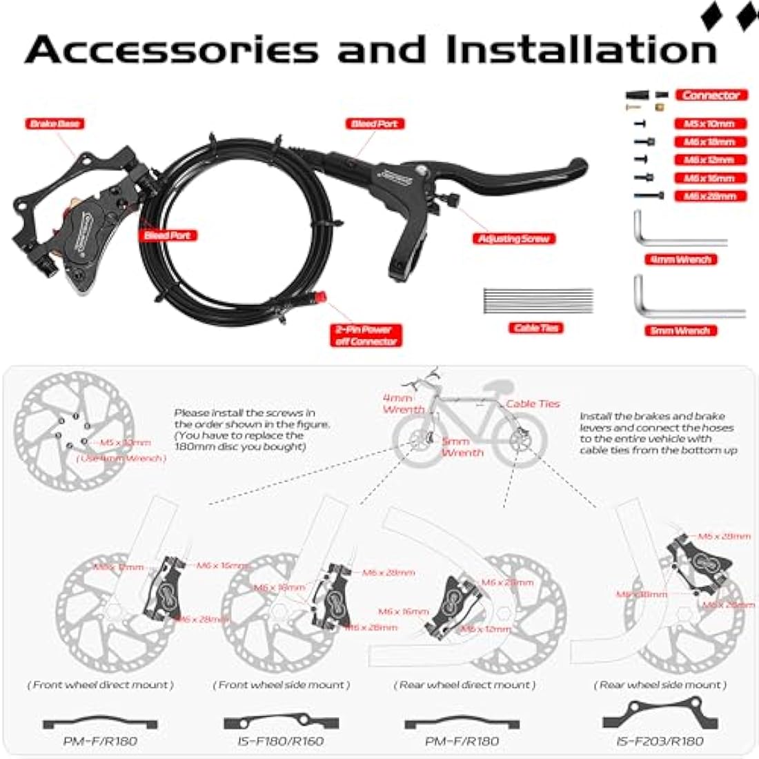 DYISLAND E-Bike Hydraulic Disc Brake Set 4-Pistons/2-Pistons, 2-PIN/3-PIN Pre-Bled with Mineral Oil Brakes Kit，Front and Rear Set，with 180mm 2.3mm Thick Rotors