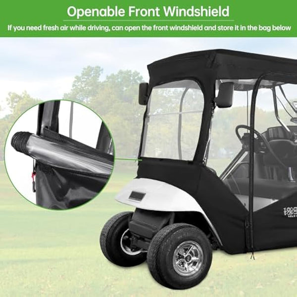 10L0L Golf Cart Enclosure Fit for 2 Passengers EZGO TXT RXV,600D Waterproof Snowproof Golf Buggy Keep Warm Cover, 2 Door Zippers 4-Side Clear Window and 4 Windproof Hooks Golf Cart Rain Cover, Black