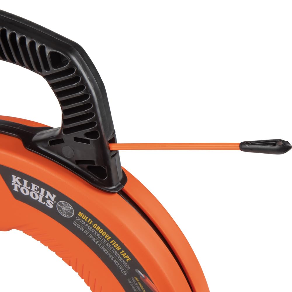 KLEIN TOOLS 56382 Fish Tape, Multi-Groove Fiberglass Wire Puller with Nylon Tip, Optimized Housing and Handle,Orange/Black, 15 m