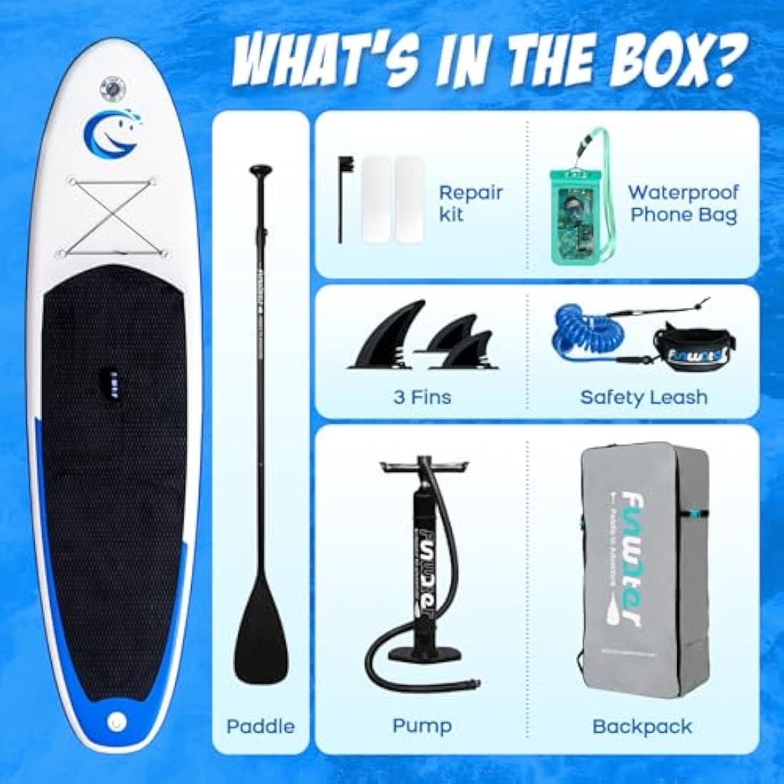 FunWater SUP Inflatable Stand Up Paddle Board Ultra-Light with Inflatable Board,ISUP Accessories,Three Fins,Adjustable Paddle, Pump,Backpack, Leash.