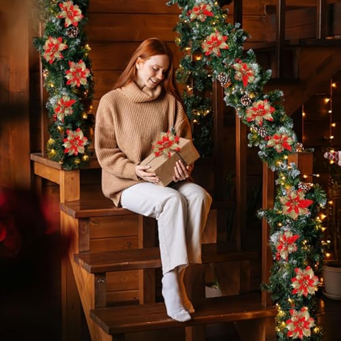 12pcs Glitter Poinsettia Christmas Tree Decorations Artificial Flowers Ornaments Stems Clips Xmas Tree Party Wreath Holiday Decor