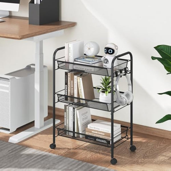 APEXCHASER 3-Tier Rolling Cart,Easy Assemble Mobile Storage Trolley On Wheels,Slide Out Utility Cart Shelving Units Kitchen Bathroom Laundry Room,Black