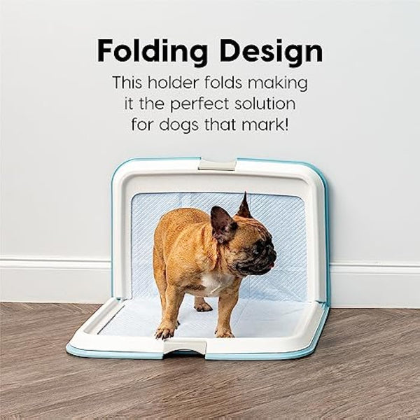 IRIS USA Pee Pad Holder, XL, Marking and Leg Lifting Dog Pad Holder, Foldable, Secured Latches, Non-Skid Rubber Feet, High Polish Finish for Easy Cleaning, Fits 23"x35" Pad or Larger, Blue