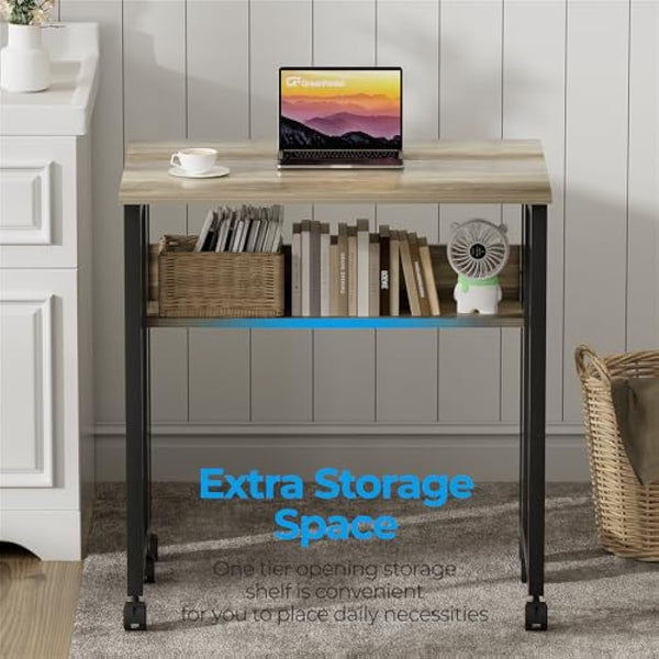 GreenForest Small Folding Desk with Storage Shelf,80 cm Computer Rolling Desk on Wheels Easy Assembly,Foldable desk for Small Space,Grey Wash