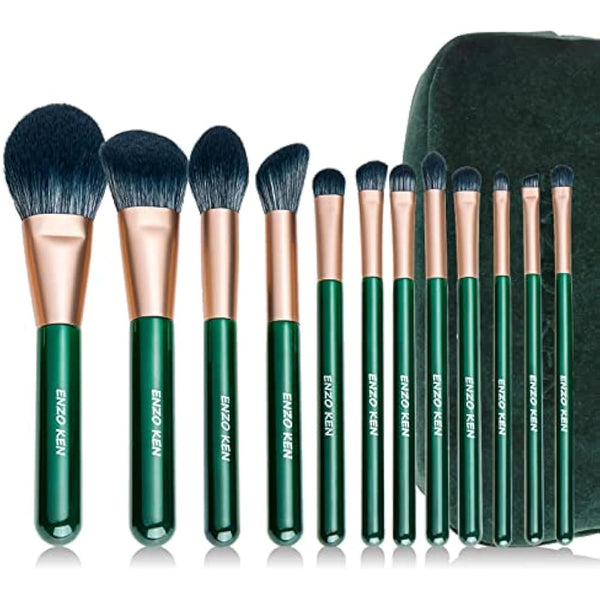 ENZO KEN Natural Fiber & Goat Hair Makeup Brush Set Professional, Combined Hair Makeup Brush Set with Case, Green Cosmetic Brushes Makeup Set, Natural Bristle Makeup Brushes.