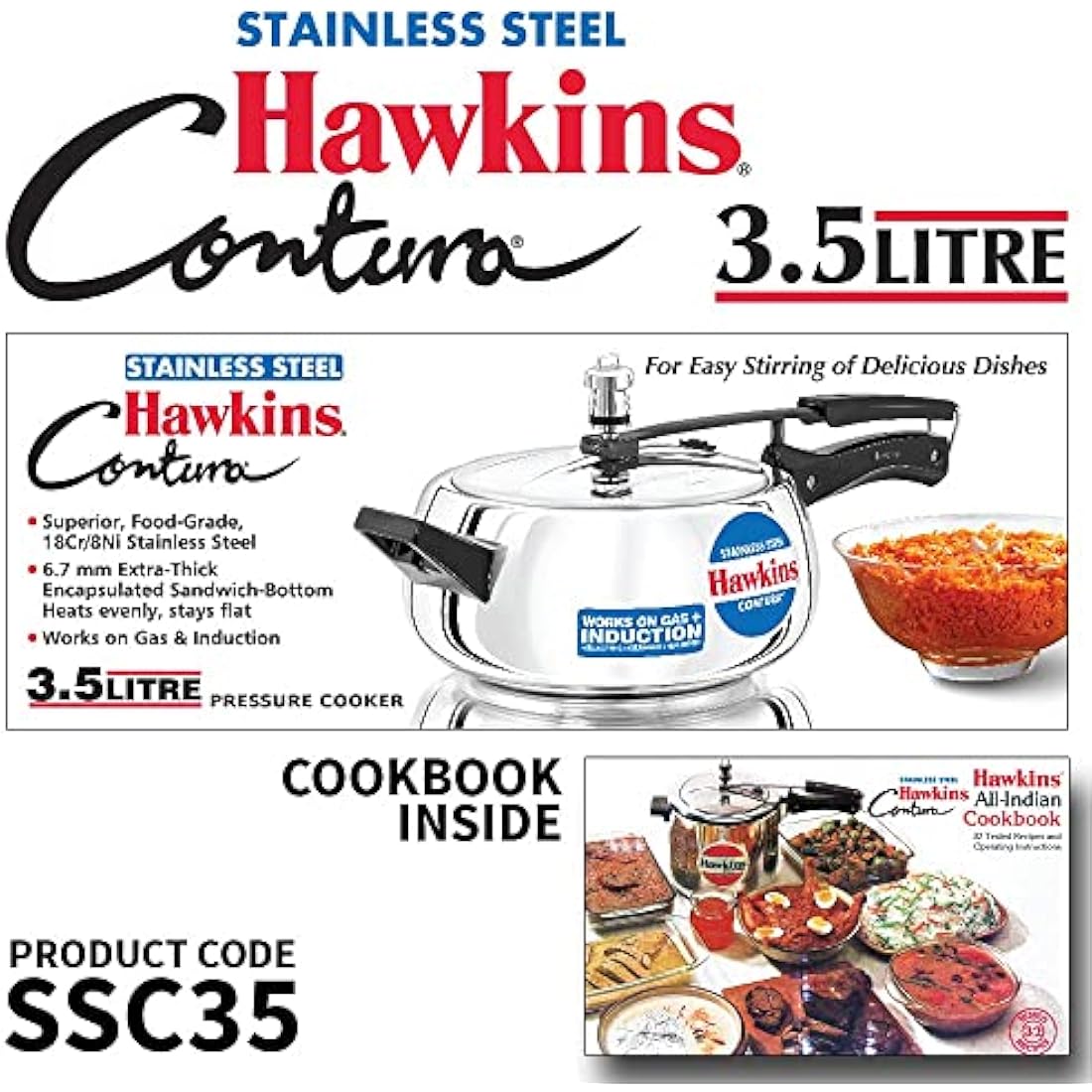 Hawkins Contura 3.5 Litre Pressure Cooker, Stainless Steel Cooker, Handi Cooker, Induction Cooker, Silver (SSC35)