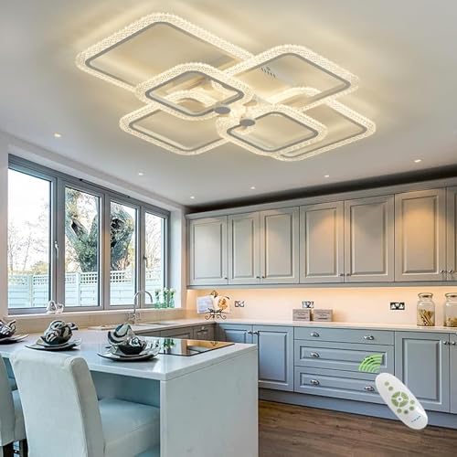 HIHIHOMY Modern Ceiling Light, With 6 Square Acrylic Crystal Frames, Dimmable With Remote Control, 3000K-6500K, Recessed Metal Led Ceiling Light For Kitchen