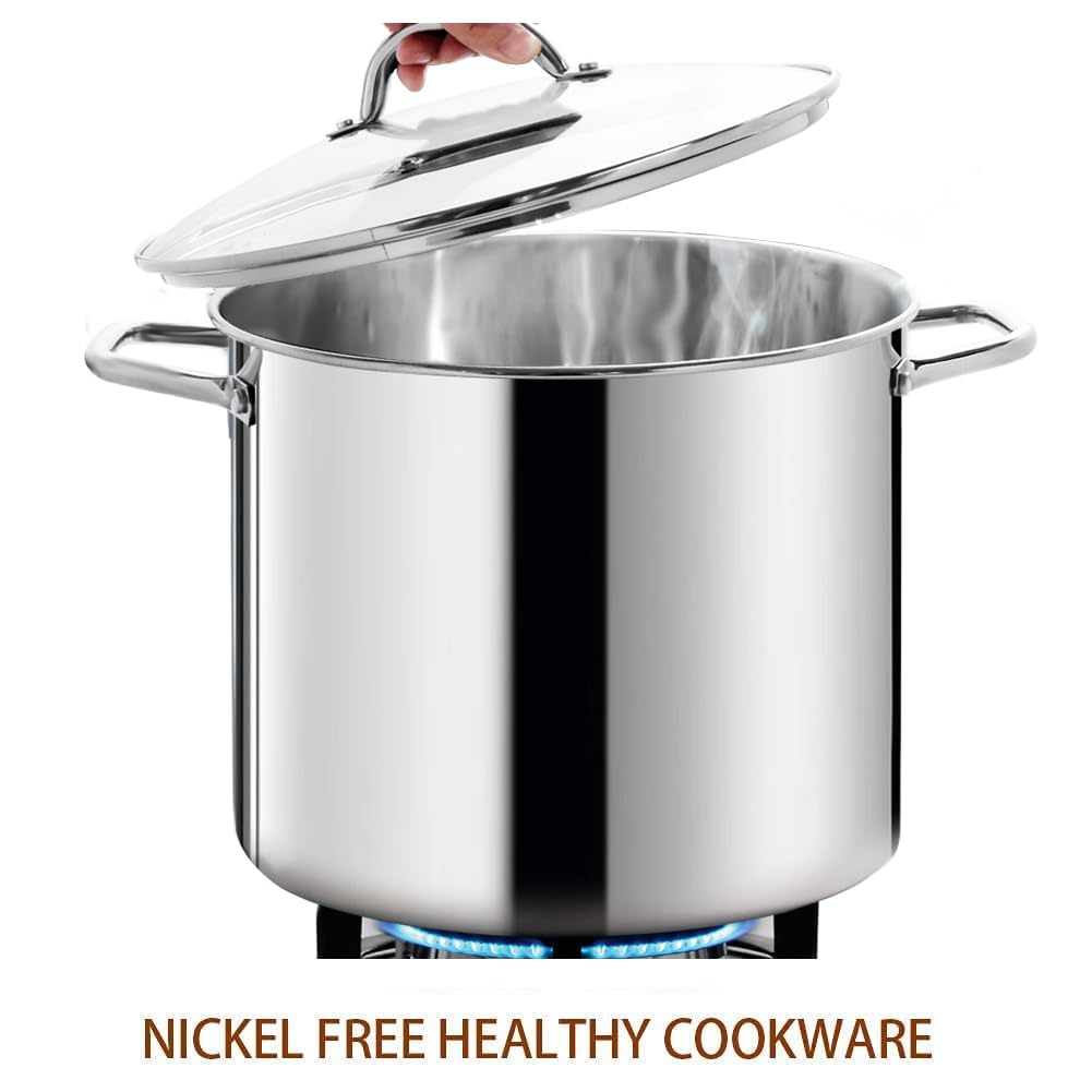 HOMICHEF Large Nickel Free Stainless Steel Stock Pot with Lid (31 cm, 19 Litre) - Mirror Polished Stock Pot 19L with Lid - Heavy Soup Pot Large