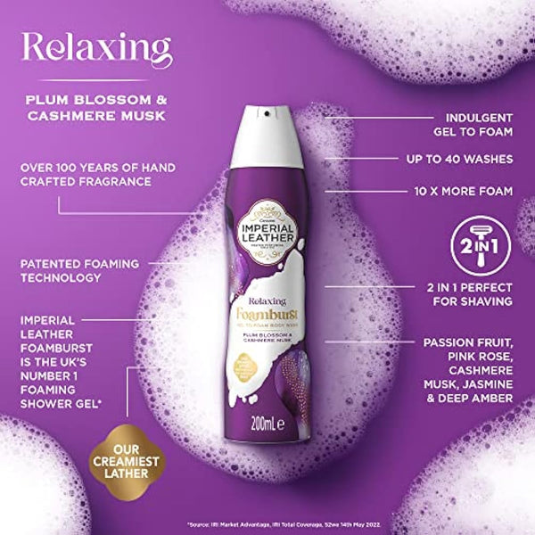 Imperial Leather Foamburst Relaxing Shower Gel, Plum Blossom & Cashmere Musk Body Wash, Luxurious Foam Lather, Gentle Skin Care, Bulk Buy, Pack of 6 x 200ml