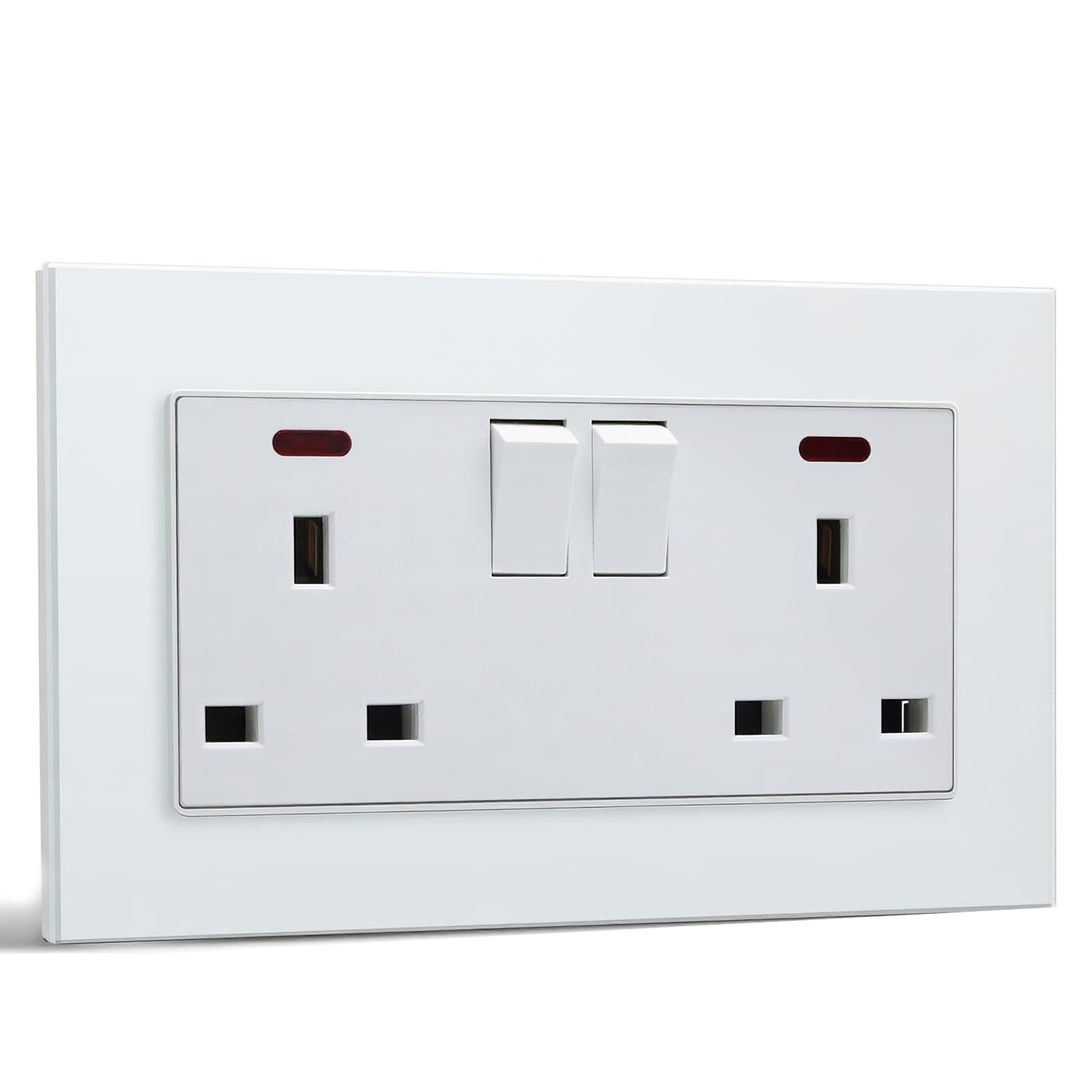 BSEED Double Socket 13A with LED Indicator, Double Switched Wall Socket 2 Gang UK Standard, Electric Switched Plug Power Wall Outlet with Glass Panel, Grey