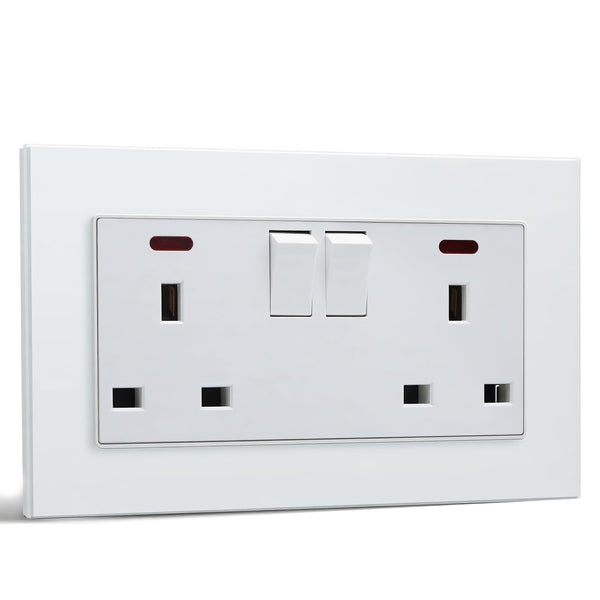 BSEED Double Socket 13A with LED Indicator, Double Switched Wall Socket 2 Gang UK Standard, Electric Switched Plug Power Wall Outlet with Glass Panel, Grey