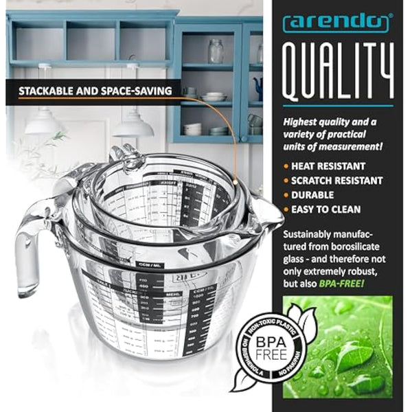 Arendo Set of Glass Measuring jugs, 250ml, 500ml, 1000ml (0.2l 0.5l 1l), Glass Measuring Cup, Transparent Borosilicate - Measuring jug, Accurate Scales, Microwave Safe