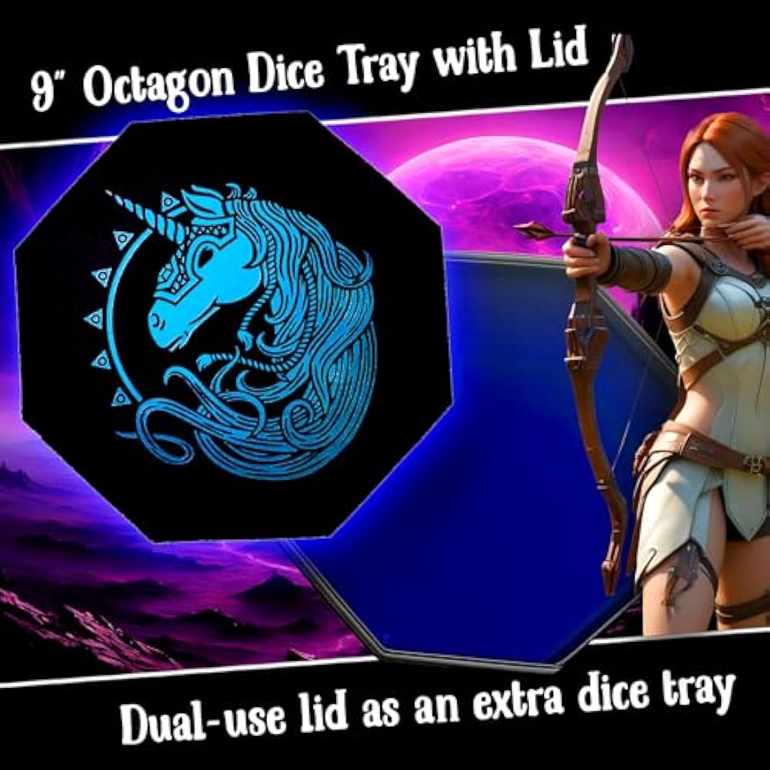 Fantasydice- BLUE - War Unicron- Dice Tray 20CM Octagon with Lid and Dice Staging Area- Holds 5 Sets of Dice(7 / Sta