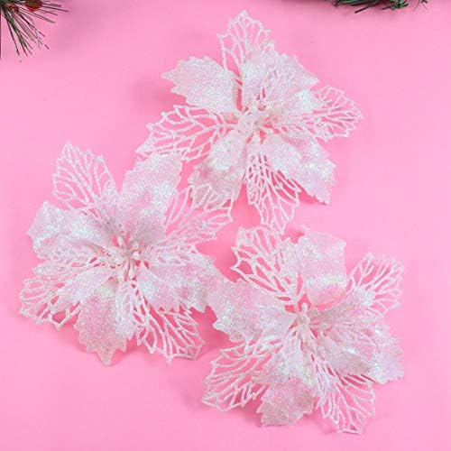 12pcs Glitter Poinsettia Christmas Artificial Flowers Christmas Tree Floral Ornaments Decorations Xmas Tree Pendant Christmas Wreath Filler (White)