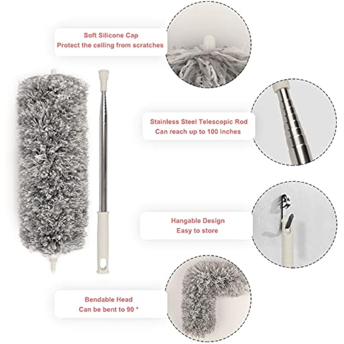 Feather Duster,Extendable Duster Microfiber Long Extension Pole Scratch Resistant Cover, Washable, Cleaning High Ceiling Fans, Blinds, Cobweb (Grey)