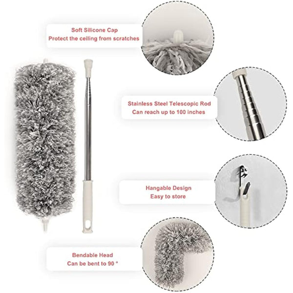 Feather Duster,Extendable Duster Microfiber Long Extension Pole Scratch Resistant Cover, Washable, Cleaning High Ceiling Fans, Blinds, Cobweb (Grey)