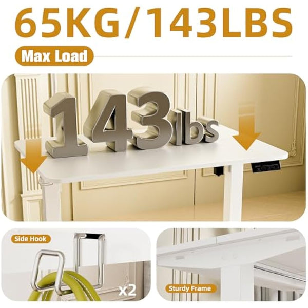 ERGOMAKER Electric Standing Desk 90x60cm, Height Adjustable Sit Stand Desk with Memory Handset Hooks for Home Office (White)