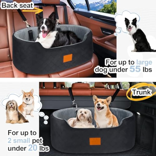 Dog Car Seat for Large/Medium Dogs Under 55 lbs, Travel Bed with thick Washable Booster with Non-Slip Base, Fits SUV & Car Back Seat (Black/Grey)