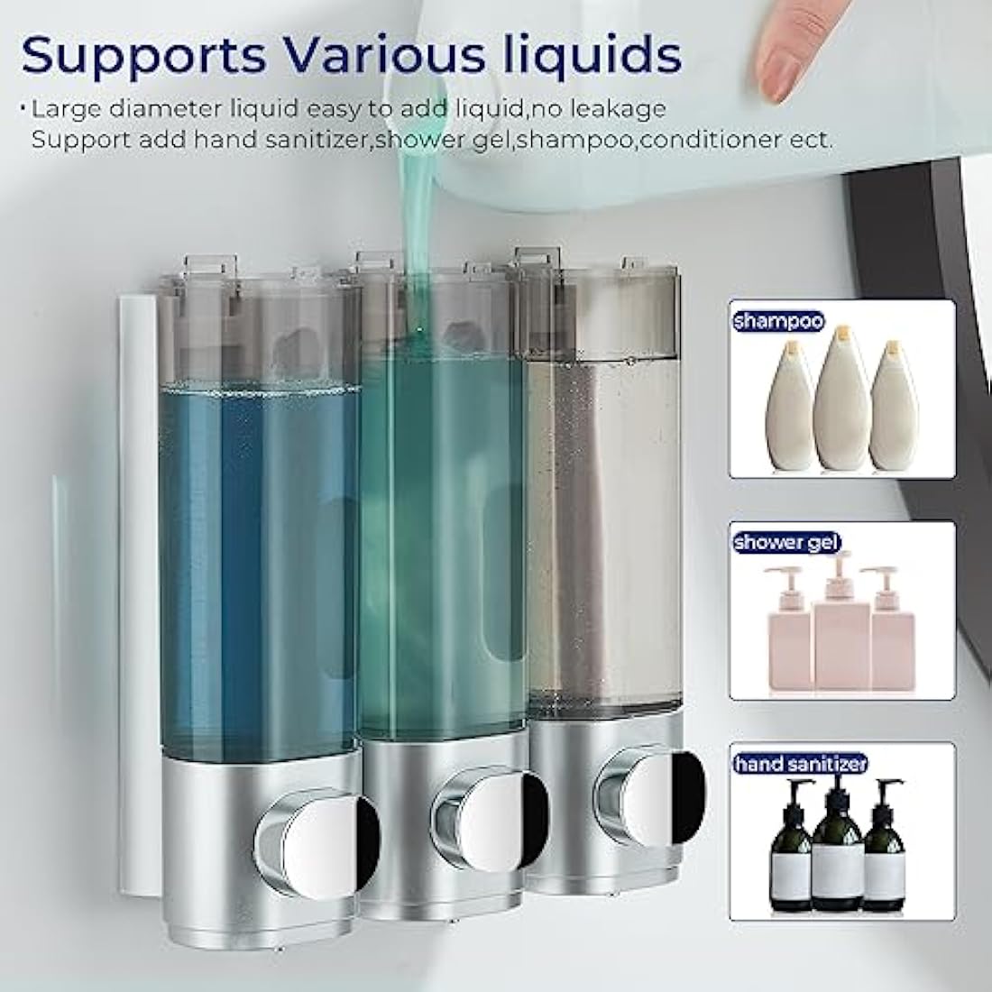 modunful Shampoo and Conditioner Dispenser, Shower Dispenser 3 Chamber No Drill Shampoo Dispenser for Shower Wall Mounted Conditioner Body Wash Liquid Soap for Bathroom,Large Capacity,Silver