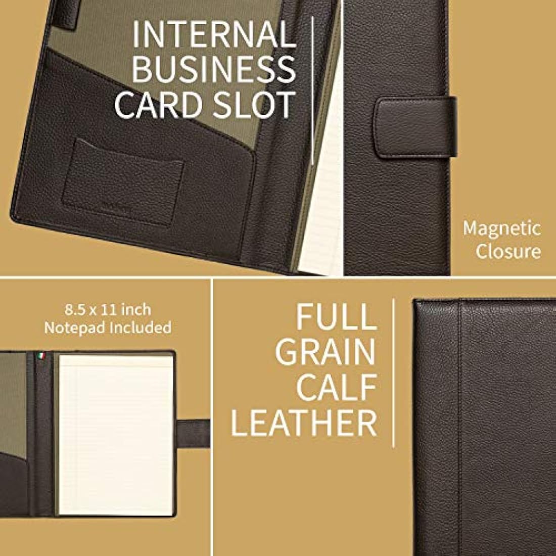 Document Holder in 100% Genuine Full Grain Hammered Leather - Handmade by Expert craftspeople - Spacious and Safe, Perfect for Meetings and Lessons - with Magnetic Closure - Dark Brown