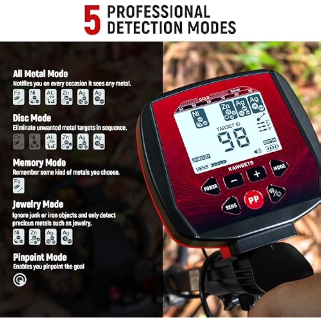 KAIWEETS Metal Detector Professional, Collapsible Metal Detectors for Adults, 6 Detection Modes High Accuracy Pinpoint,11.8IN IP68 Waterproof Coil with Advanced DSP Chip,Headphones, Shovel