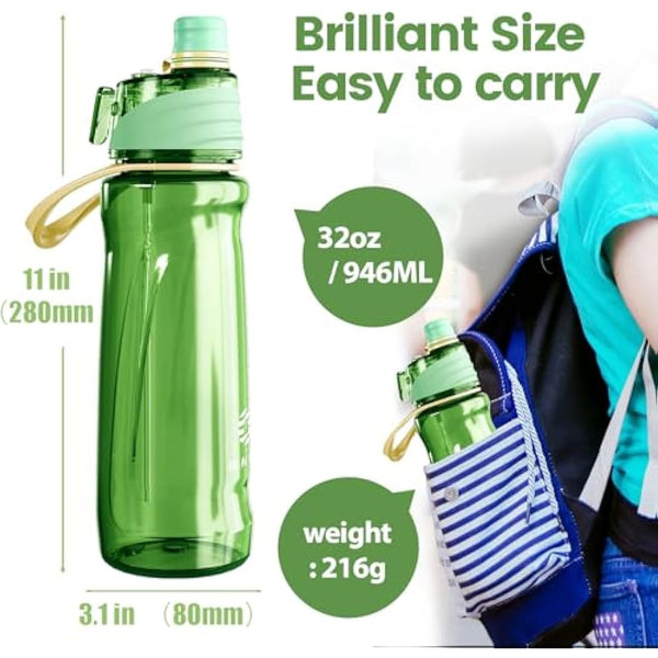 Healter 950ml Spray Water Bottles for Kids Water Bottle with Spray Mist Leakproof Misting Drinking Bottle for Cycling Hiking Climbing Outdoor Sport Hydration Cooling(Green)