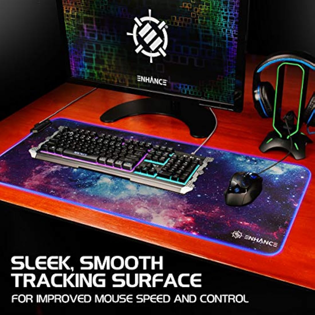 ENHANCE Extra Large LED Gaming Mouse Pad - Soft XXL Desk Mat with 7 RGB Colors, 3 Color Modes, Smart Control, Water Resistant High Speed Tracking Surface - (Galaxy) - Extended Pad - 32 x 14 inches