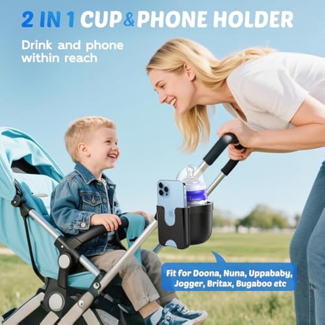 Guiseapue Pram Cup Holder: Universal Drink Coffee Cup Holder with Phone Holder Organiser for Stroller, Pushchair, Buggy, Bike, Wheelchair, Walker, Baby Essentials for Newborn, Gifts for Women, Mom
