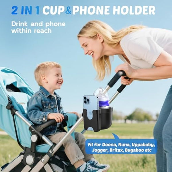 Guiseapue Pram Cup Holder: Universal Drink Coffee Cup Holder with Phone Holder Organiser for Stroller, Pushchair, Buggy, Bike, Wheelchair, Walker, Baby Essentials for Newborn, Gifts for Women, Mom