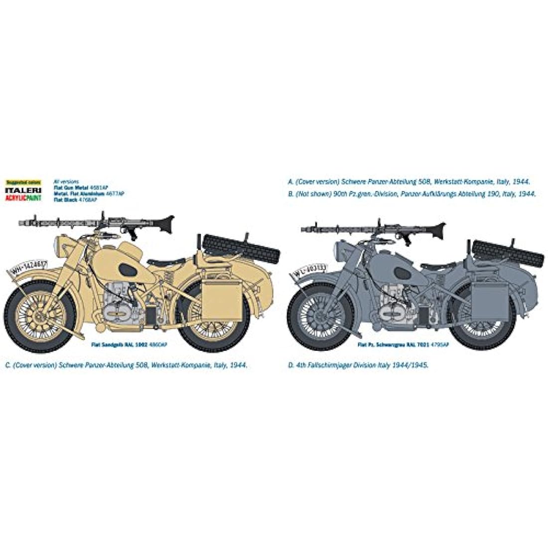 Italeri 7403 German Military Motorcycle with Side car, Scale 1:9. Plastic Model Kit