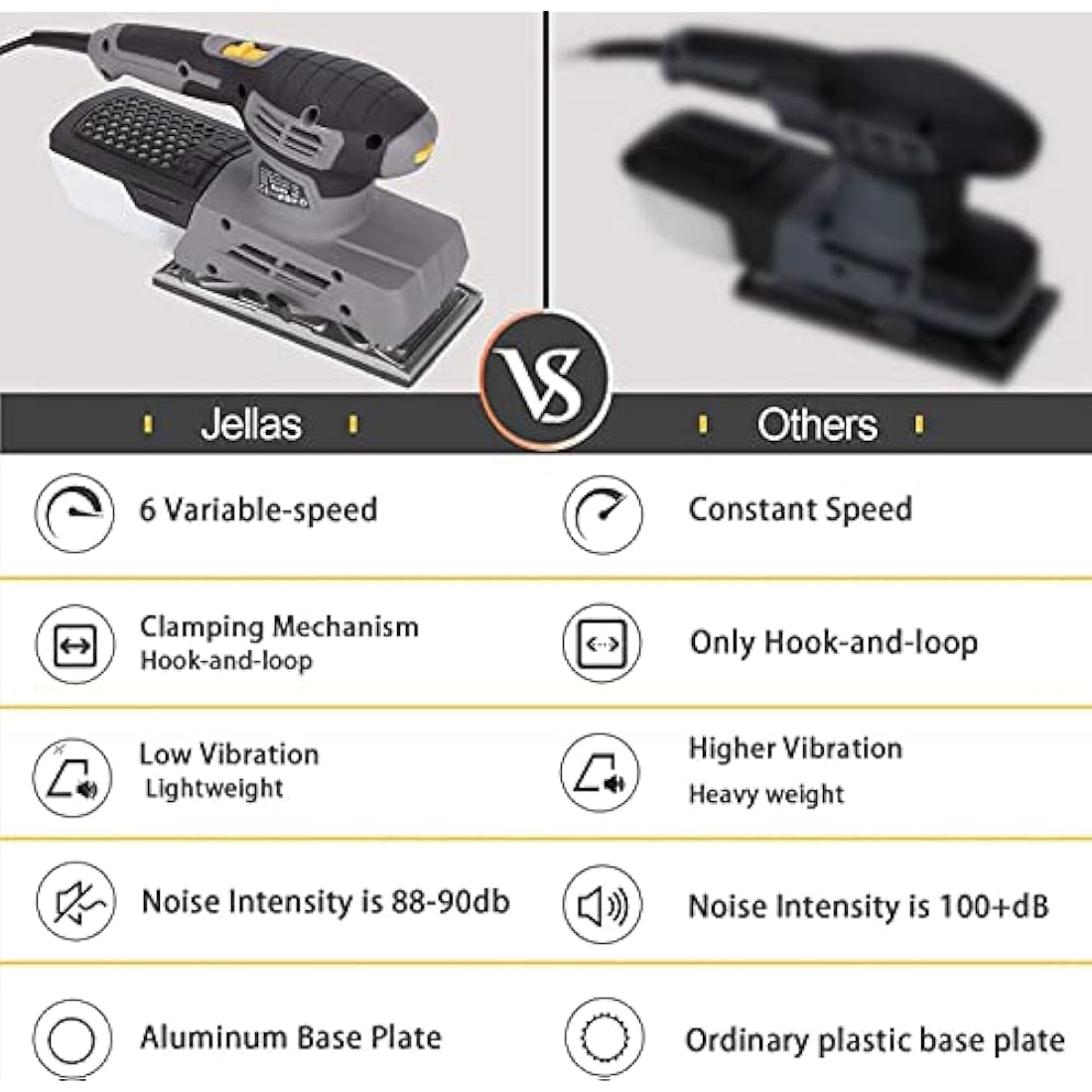 Jellas Sander, 220W 1/3 Sheet Sander, 12000RPM 6 Variable Speeds Electric Sander for Wood with Dust Collection Box, 12Pcs Sanding Sheets, Fast Paper Clamping Mechanism